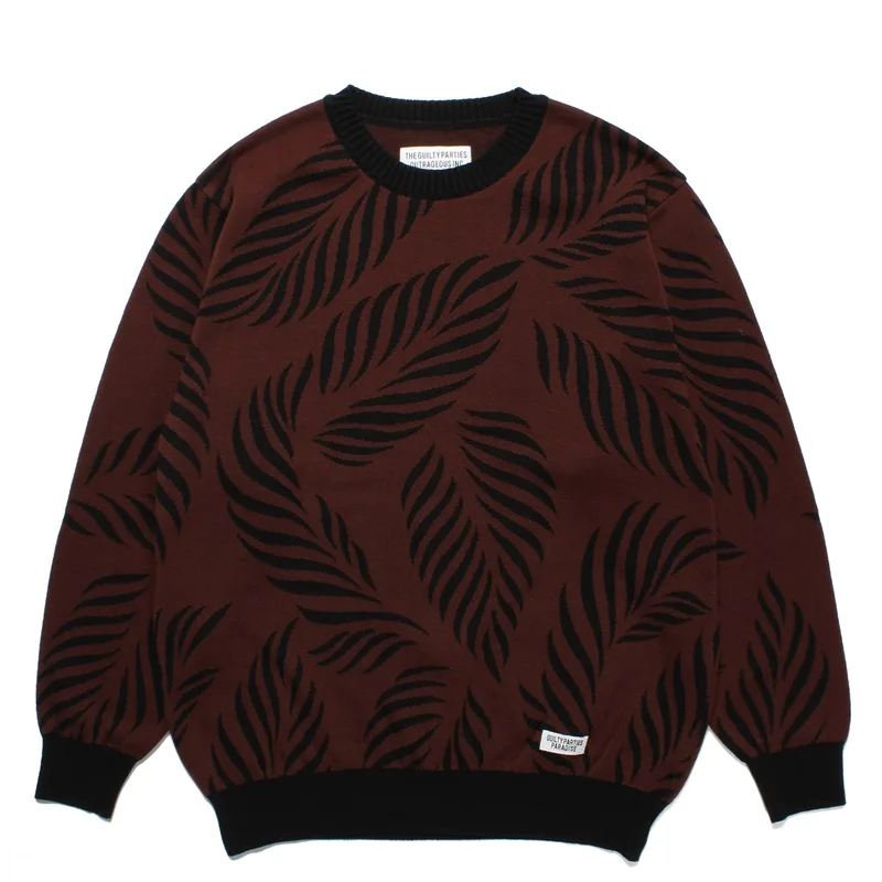 WACKO MARIA Hooded Sweater High Street Men's Women's Winter Leaves Full Print Cotton Casual Round Neck Knitted Sweater