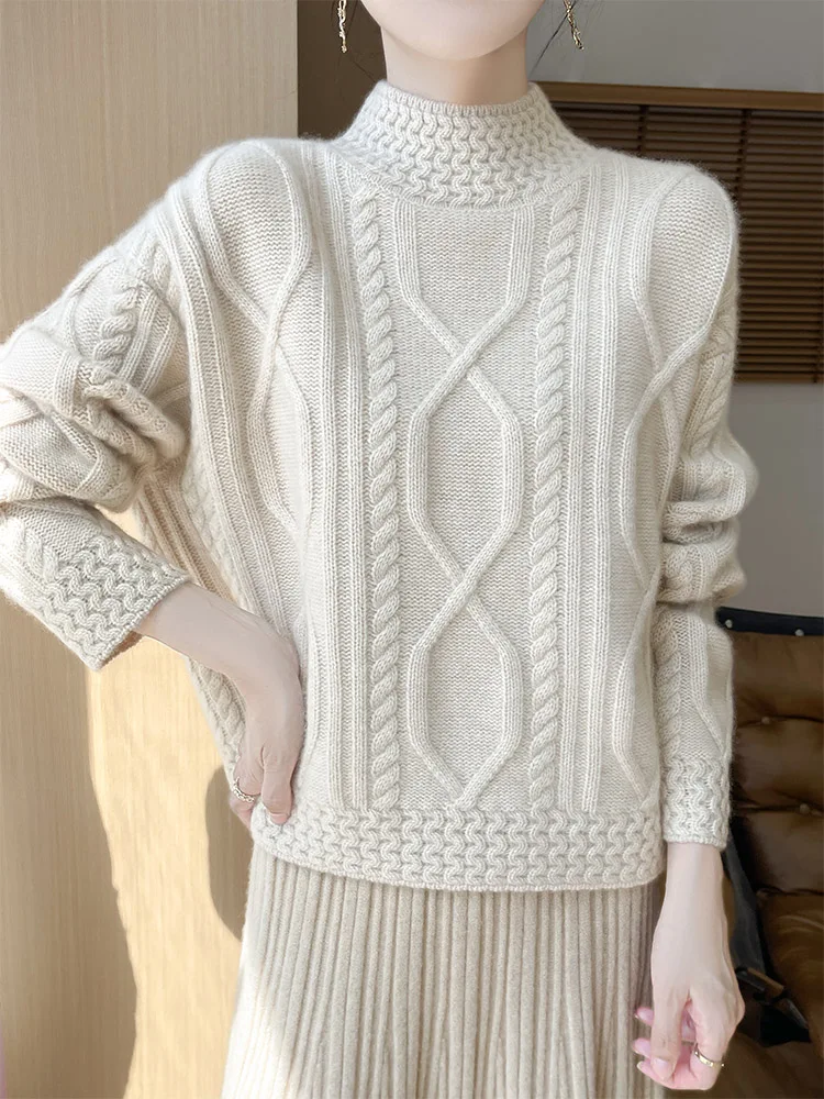 

Exclusive Women Sweater Pullover Autumn Winter Clothes 100％ Merino Wool Sweater American Retro Mock Neck Pullover Warm Knit Top