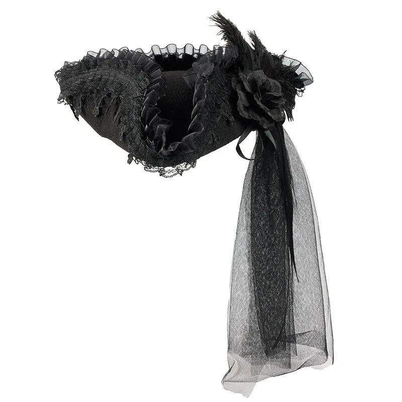 Accessoires de Cosplay de Pirate d'halloween, chapeau de capitaine des caraïbes, chapeau Triangle en maille de dentelle foncée pour fête d'halloween