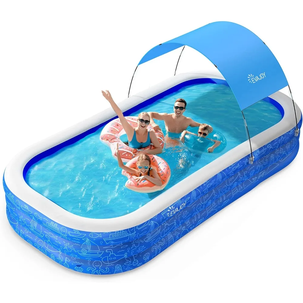 

Large Inflatable Swimming Pool with Canopy, 150” x 70” x 20” Full-Sized Inflatable Pool for Kids & Adults, Kiddie Pool