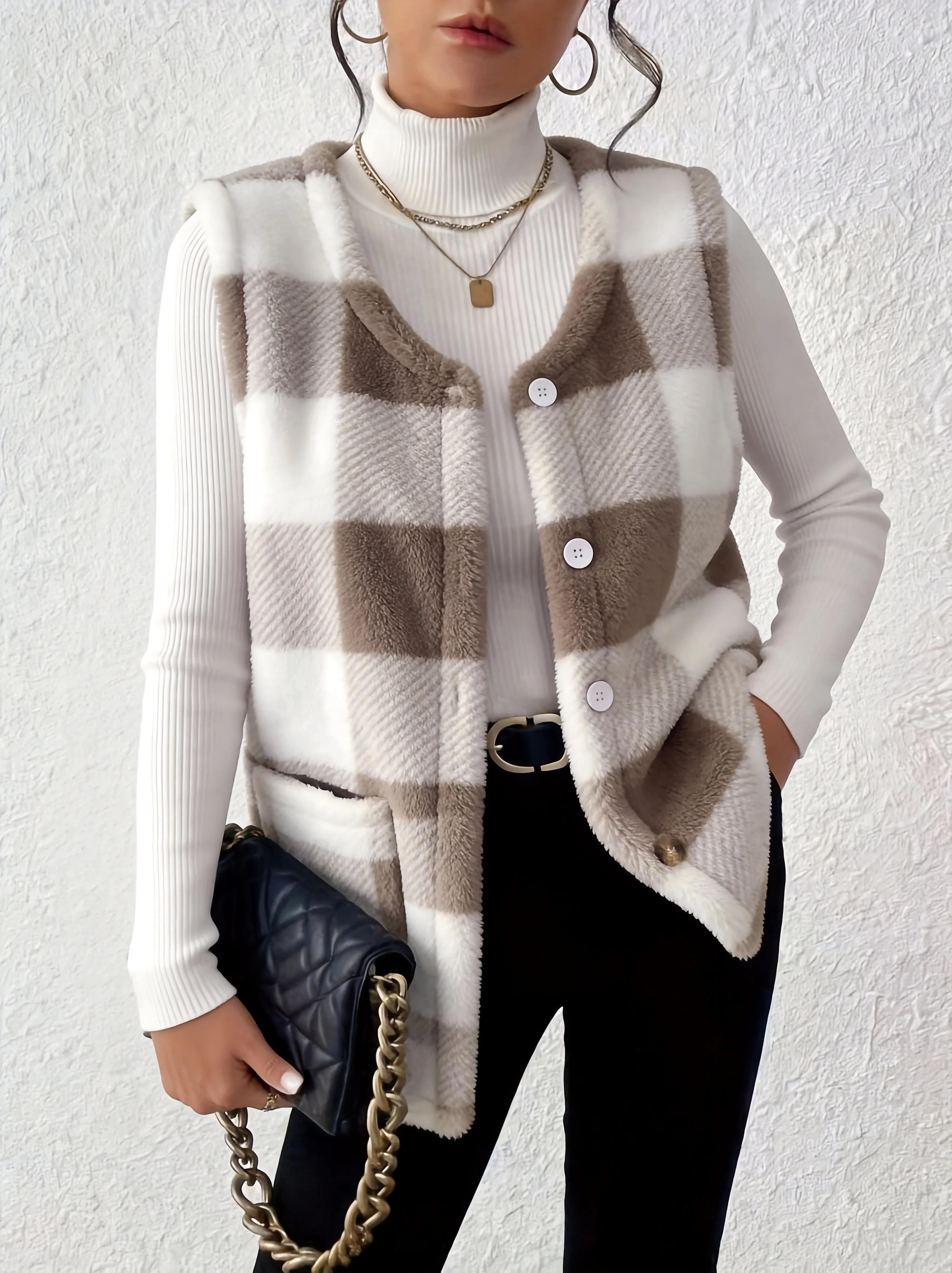plus Size Women's Casual Plaid Sleeveless Vest Fluffy Outerwear Trendy Autumn Winter Ladies Fashion 2026