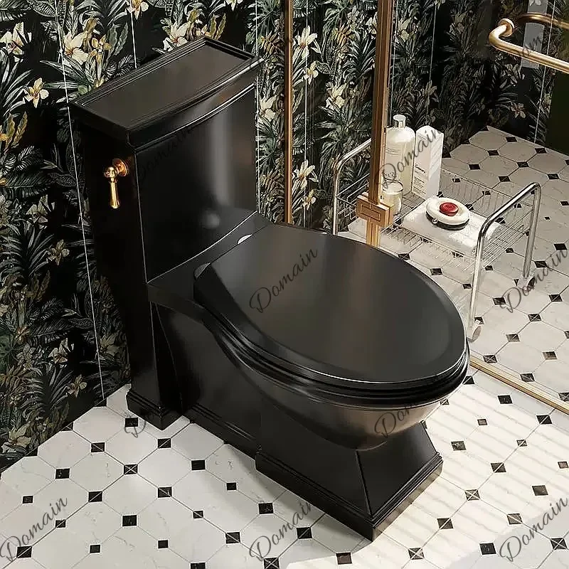 BJ French Retro Black Toilet With Gold Side Flush, Solid Wood Waterproof Slow-Close Seat