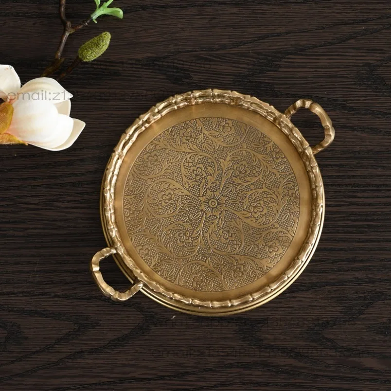 Round brass small tray, handicraft engraved hollow fruit cosmetics storage tray