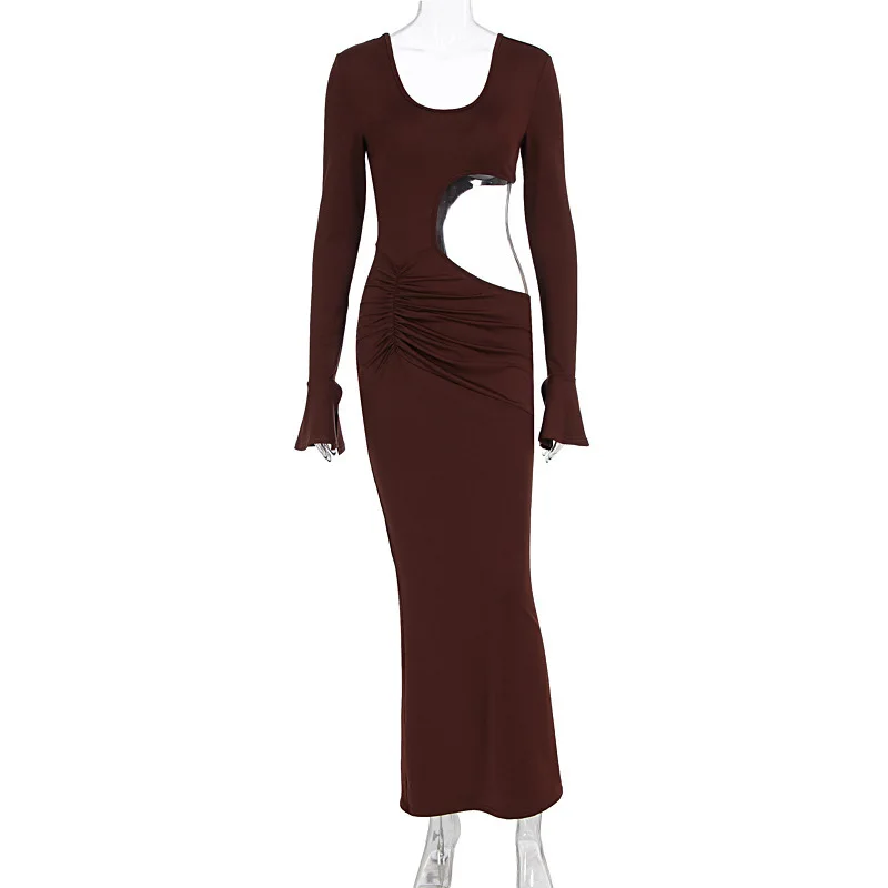 DSMTRC Unregelmäßige Braun Solide Chic Bodycon Herbst Flare Volle Hülse Schlank Cut Out Langes Kleid für Frauen Elegante Hohl Mode Robe