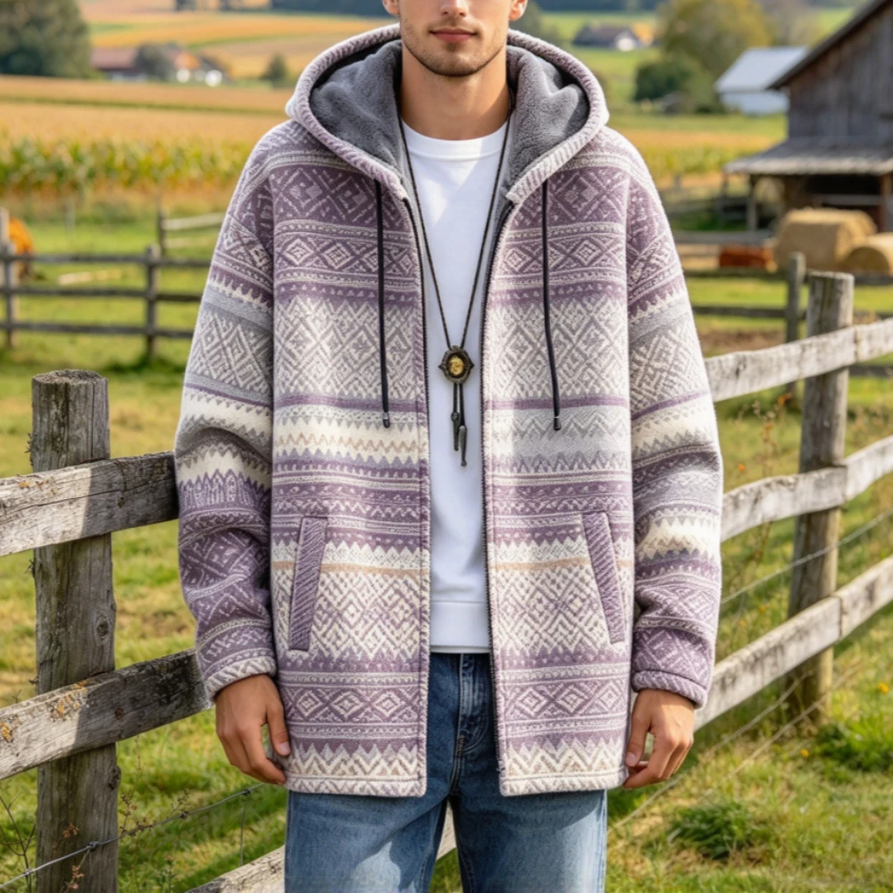 Men Cardigans Coats Gradient Pattern Abstract Art Graphics Printed Plush Thick Winter Casual Streetwear Unisex Clothing