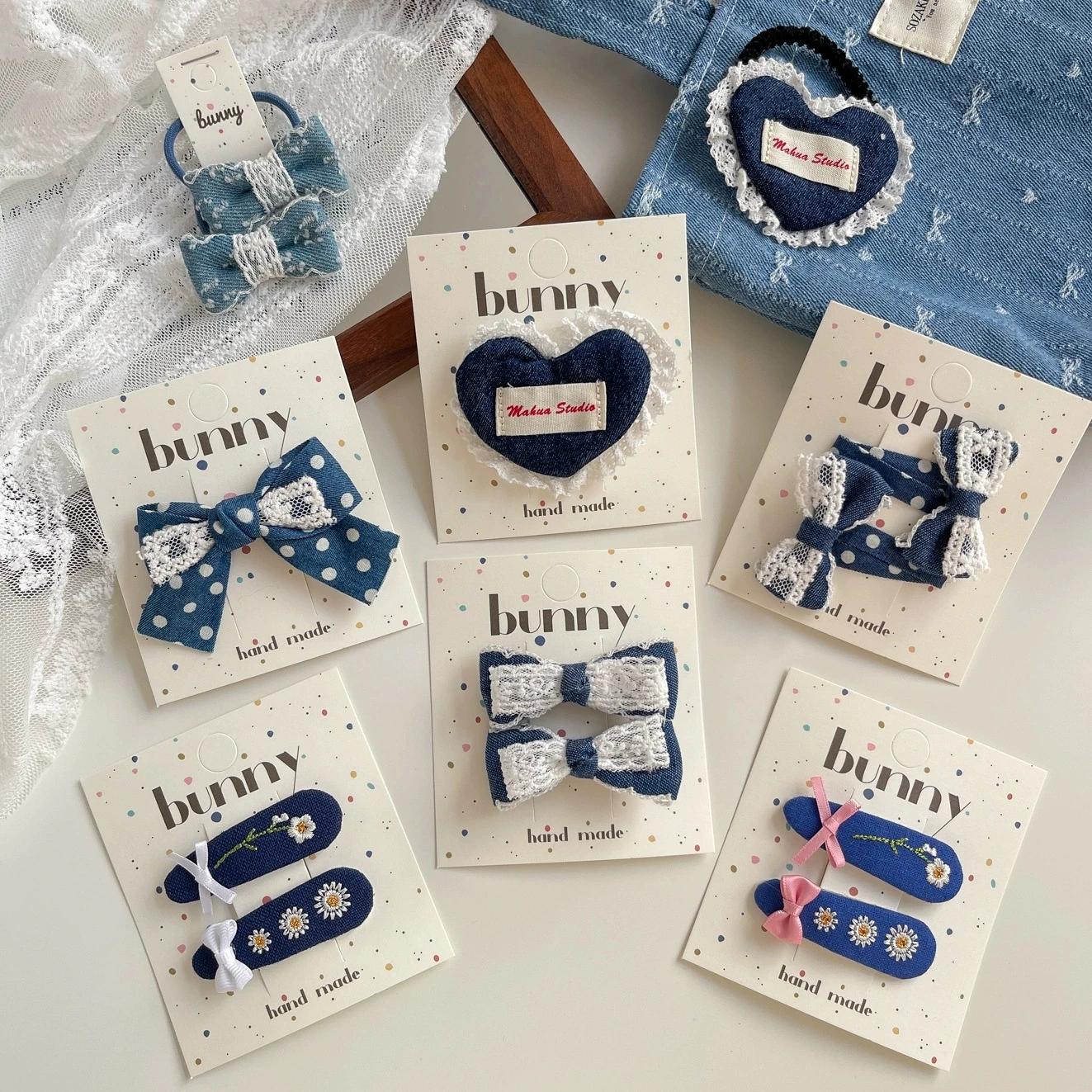 Baby Girls Hair Clips Children's Embroidery Daisy Flowers Hairpin Navy Blue Denim Fabric Covered Hairclip Girls Hair Accessories