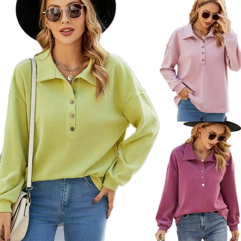 

Y2K winter new solid color lapel button loose long sleeve women's top casual versatile jumper sweater top