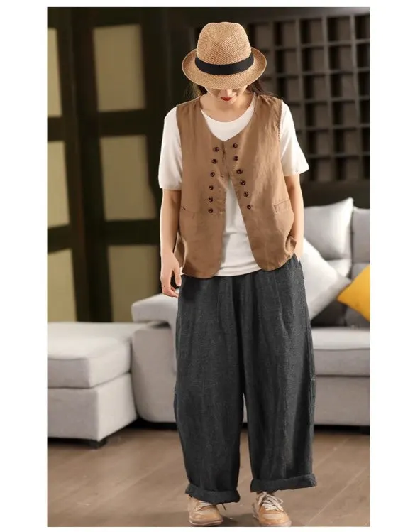 Cotone sciolto e lino da donna Svel a doppio bottone Jaet Top Capispalla Artistico Sle Vestibilità comoda rotonda Ne Summer S...