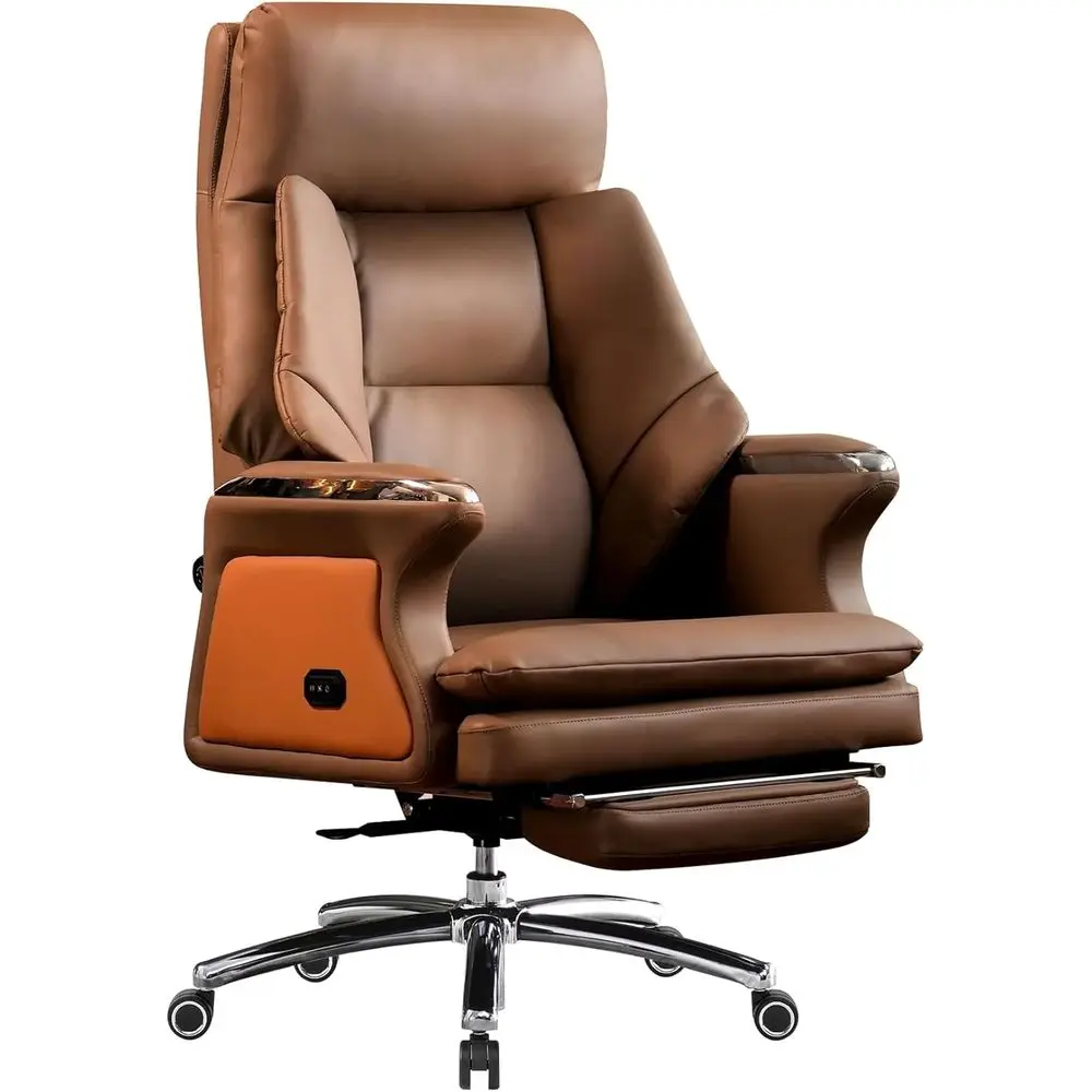 

Роскошное коричневое кожаное массажное кресло с подогревом, вентиляцией и регулируемым наклоном для крупных и высоких руководителей