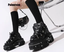 Retro gruba podeszwa metalowa wysokie topy buty damskie skórzane buty ciemne punkowe spód muffina w stylu ulicznym pojedyncze buty dla pań