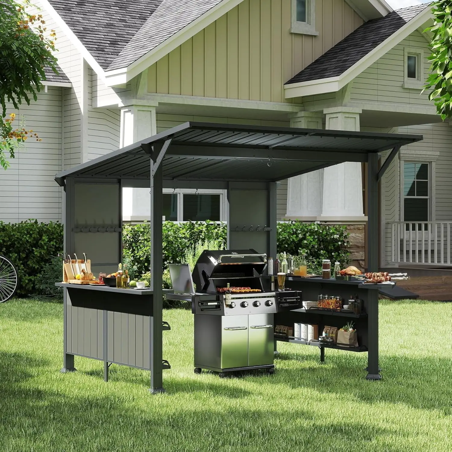 

！@9X10FT Hardtop Grill Gazebo with Storage Shelves and Expansion Platform, Galvanized Steel Permanent Grill Canopy, Grey