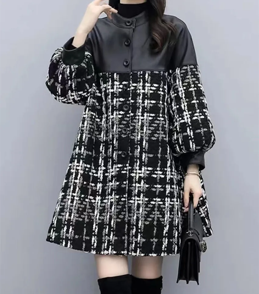 

2023 Autumn Winter New Women's Woolen Coat Loose Pu Stitching Tweed Plaid Woolen Coat Mid Length Casual Leateher Jacket Outerwea