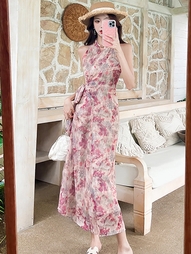 サマーピンク花柄ボウ包帯ボディコンロングドレス レディース エレガントラグジュアリーネックマウントドレス 2025 韓国ヴィンテージフェスティバルドレス