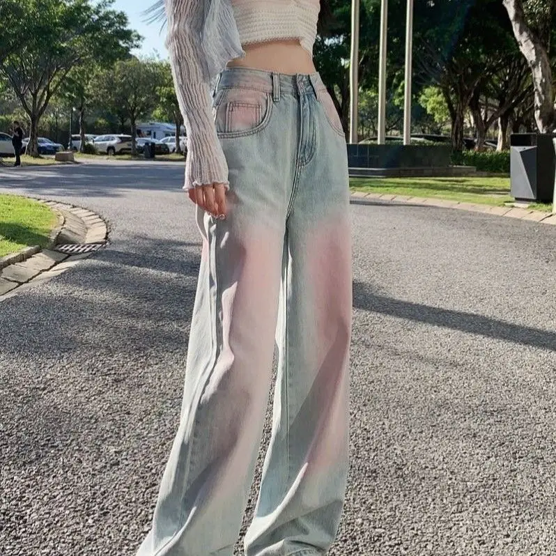 Powder Blusher Gradual Wash Wide Leg Soft Jeans Women\'s Thin High Waist Loose Slim Large Straight Floor Pants