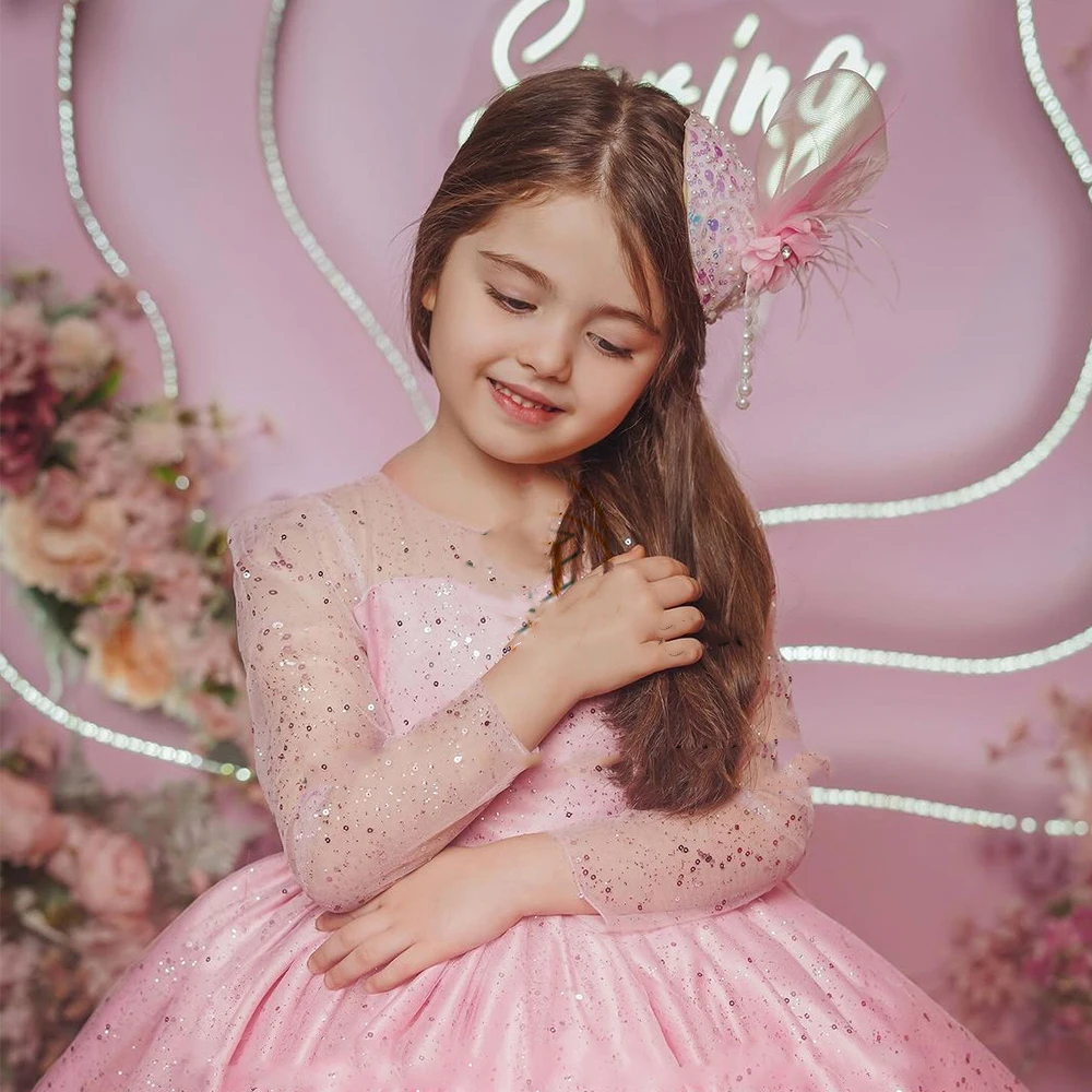 Vestido de niña de flores rosas para boda, cuello redondo, lentejuelas, tul con lazo hinchado brillante, vestidos de cumpleaños de primera comunión de princesa elegante