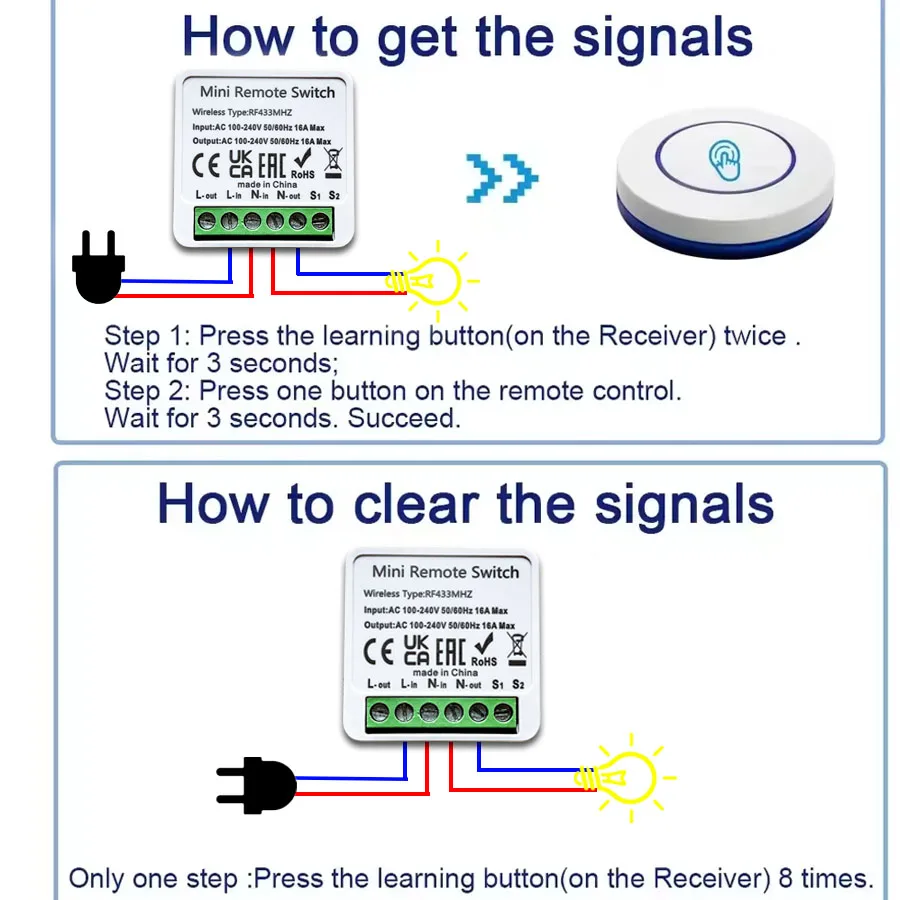 RF 433MHz اللاسلكية مفتاح الإضاءة 16A التتابع استقبال 2-Way التحكم لوحة أزرار مستديرة صغيرة التبديل التحكم عن بعد المنزل LED مصباح #6