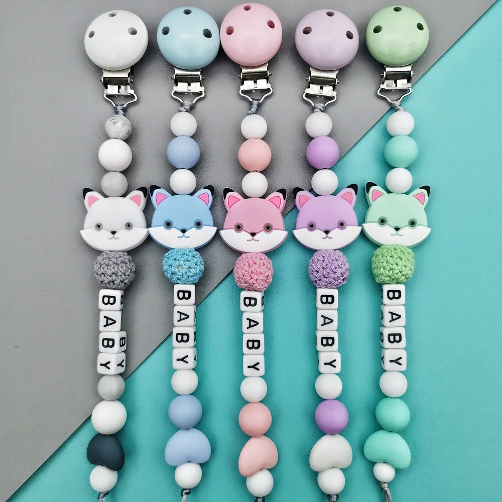 Custom English Russian Letters Name Baby Silicone Cat Pacifier Clips Chains Teether Pendants Baby Pacifier Kawaii Teether Gifts