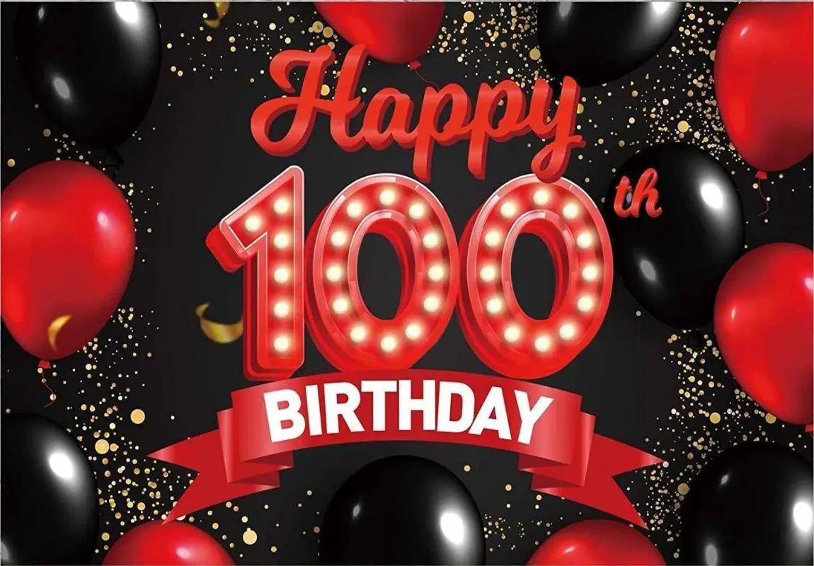 幸せな100歳の誕生日の赤と黒のバナーの背景の装飾、女性と男性のための風船のテーマの装飾、写真の背景