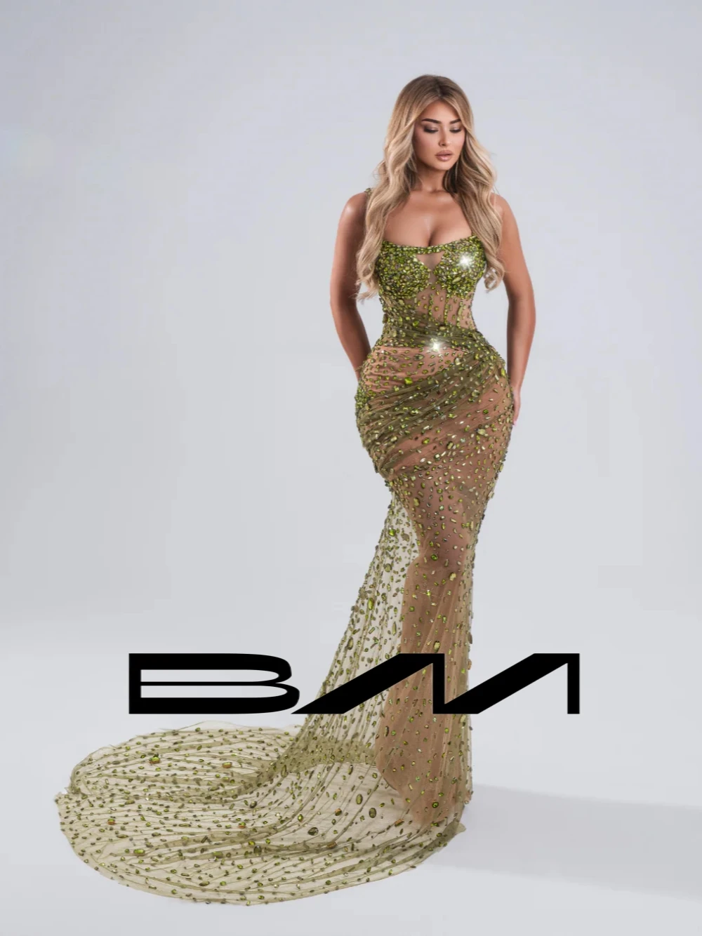 

BRLMALL Green Hand-embellished Crystals Evening Dress Illusion Stunning Mermaid Cocktail Gown Customized Strapless Prom Dresses
