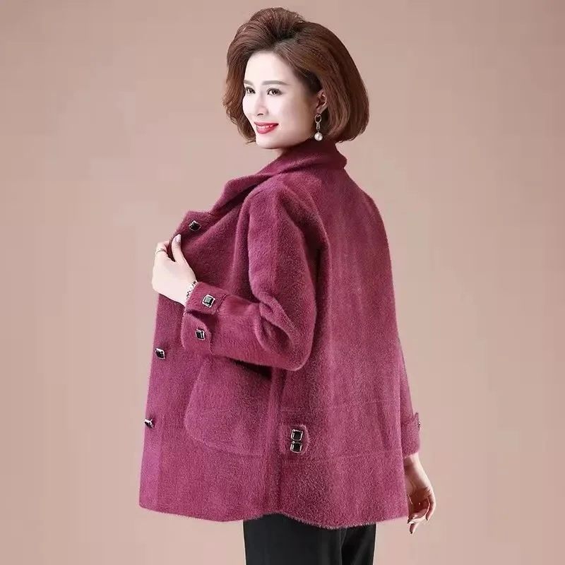 Autumn and Winter New Imitation Mink Fleece Thick Coat Cardigan Female Middle-Aged Elderly Knitted Mother Western-Style Warm Top