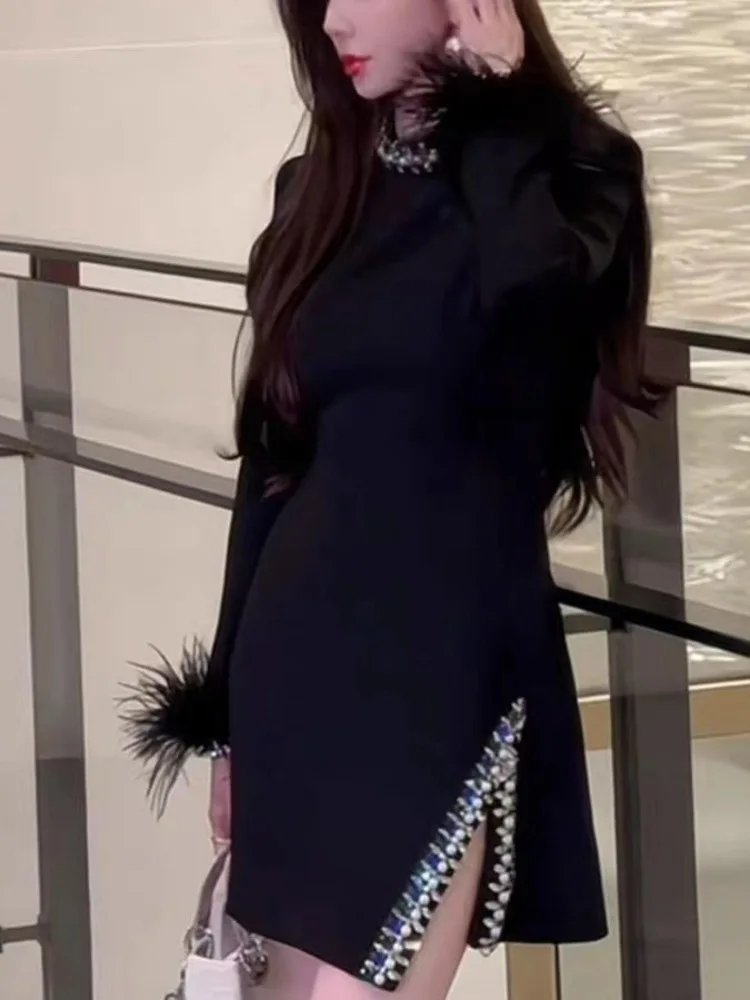 UCXQ Fashion Short Dress Hotsweet Beading Splicing Feather Long Sleeve Waist Elegant Black Dresses Women 2024 Spring Summer 9900