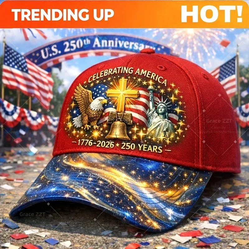 Customization 250Th Year US Flag Printed Cap, Adjustable Strap, Breathable Lightweight, Commemorative Design For Independence Da