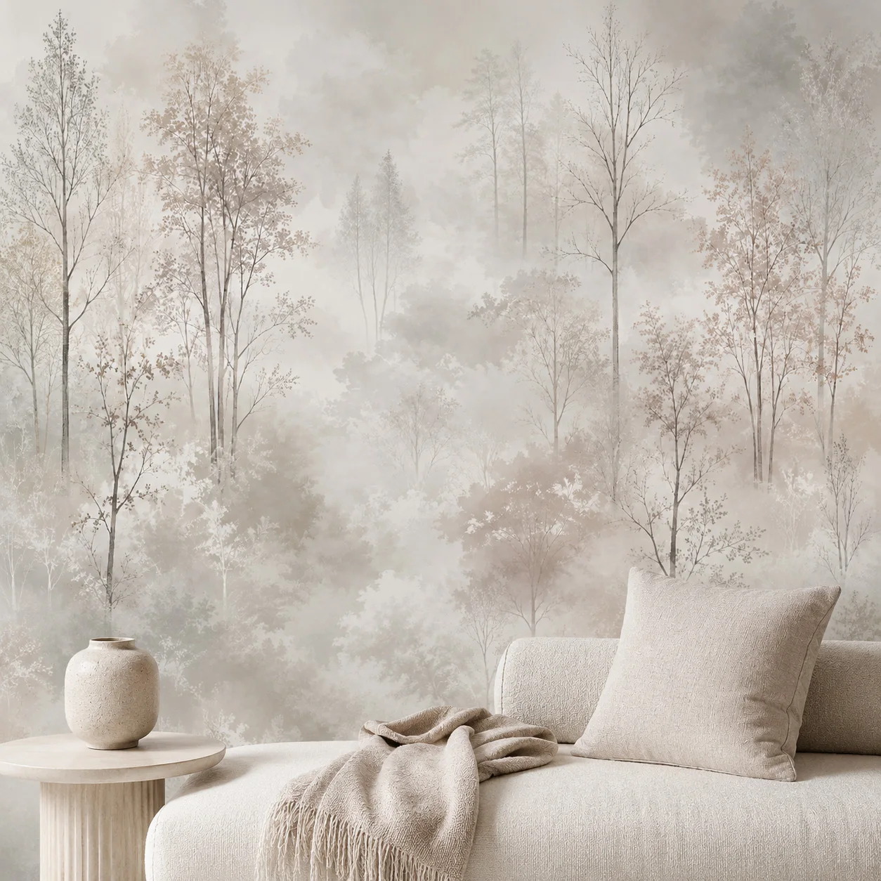 Neutral Misty Forest Wall Mural Wallpaper Beige Woodland Trees Landscape Living Room Bedroom Non Self Adhesive