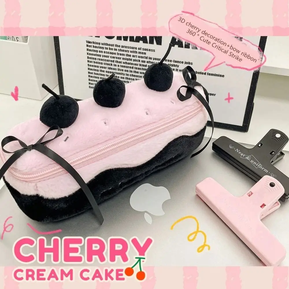 New Plush Pen Bag Cherry Cake Portable Stationery Bag Large Capacity Multifunction Pen Pouch Students