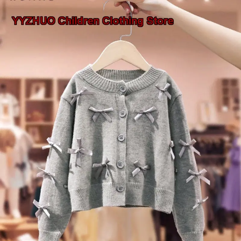 Girls Knit Cardigan 2026 Spring Autumn Fashionable Stylish Knit Top Cartoon Print Animal Pattern Kids