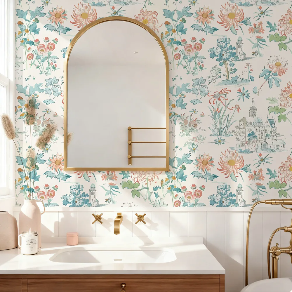 Floral Cityscape Peel and Stick Wallpaper Removable Self Adhesive Wallpaper for Girls Bedroom Living Room Decor Wall Sticker