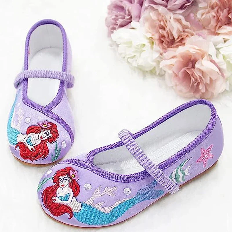 

2024 Ariel Vintage Kids Shoes For Girls Anti-slid Sole Design Fashion Embroidery Comfortable Cartoon Pattern Baby Flats Shoes