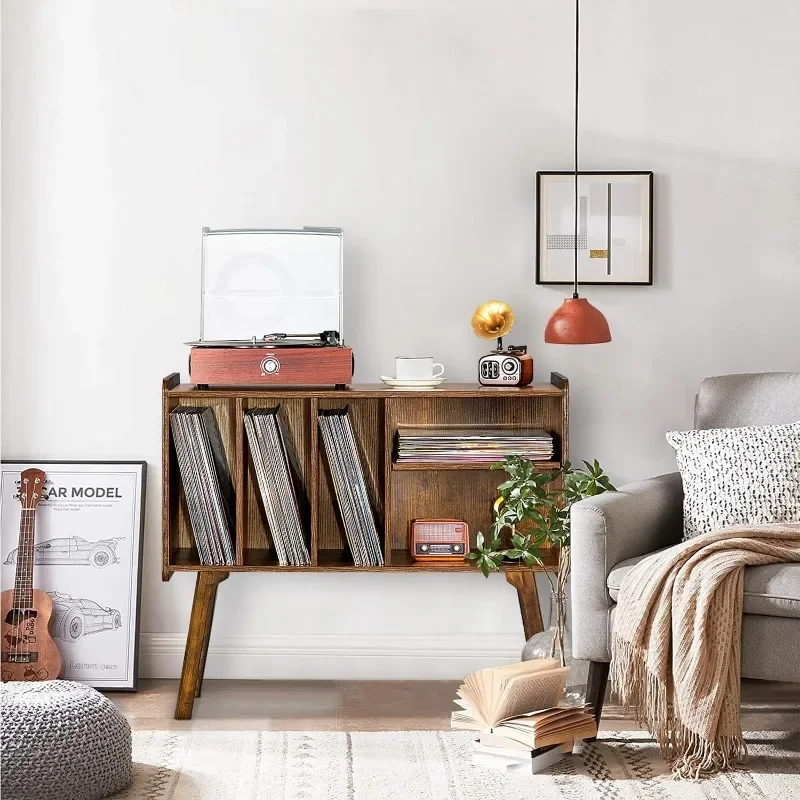 Record Player Stand with 4 Cabinet Holds Up to 220 Albums, Large Turntable Beech Wood Legs, Brown Vinyl Holder Storage Shelf