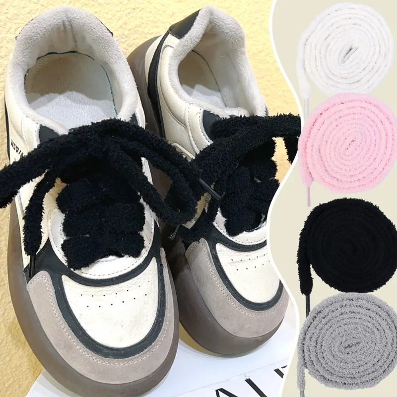 1Pairs Winter Autmn New Cute Wide Flat Plush Soft Pink White Black Shoelaces 120cm Women Men Shoes Laces Sneakers Accessories