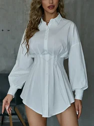 Sexy Women Blouse Slim Deep V Puff Sleeve Shirtdress Long Sleeve Shirt Solid Vintage Blouse Turndown Collar Shirts Work Blouse