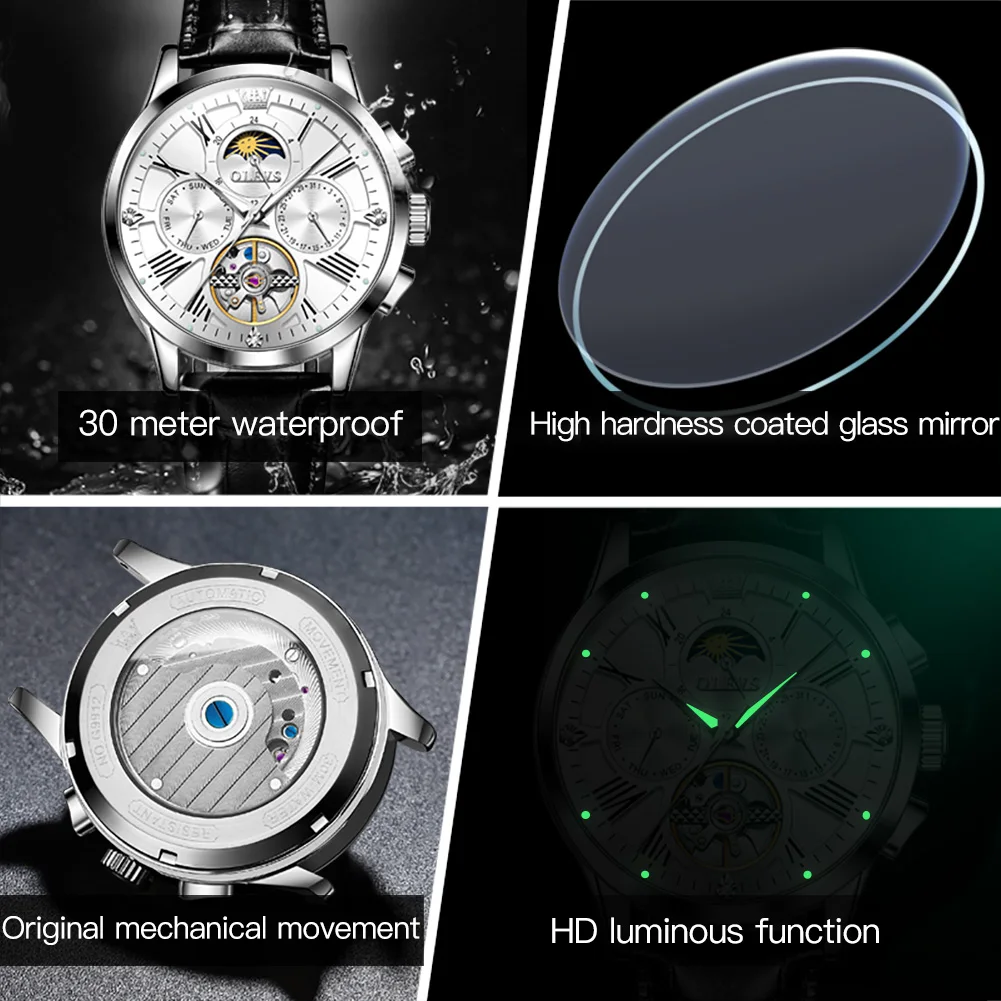 OLEVS 9912 Luxury Man Watch Leather Strap Hollow Out Automatic Mechanical Wristwatch Moon Phase Waterproof Calendar Mens Watches