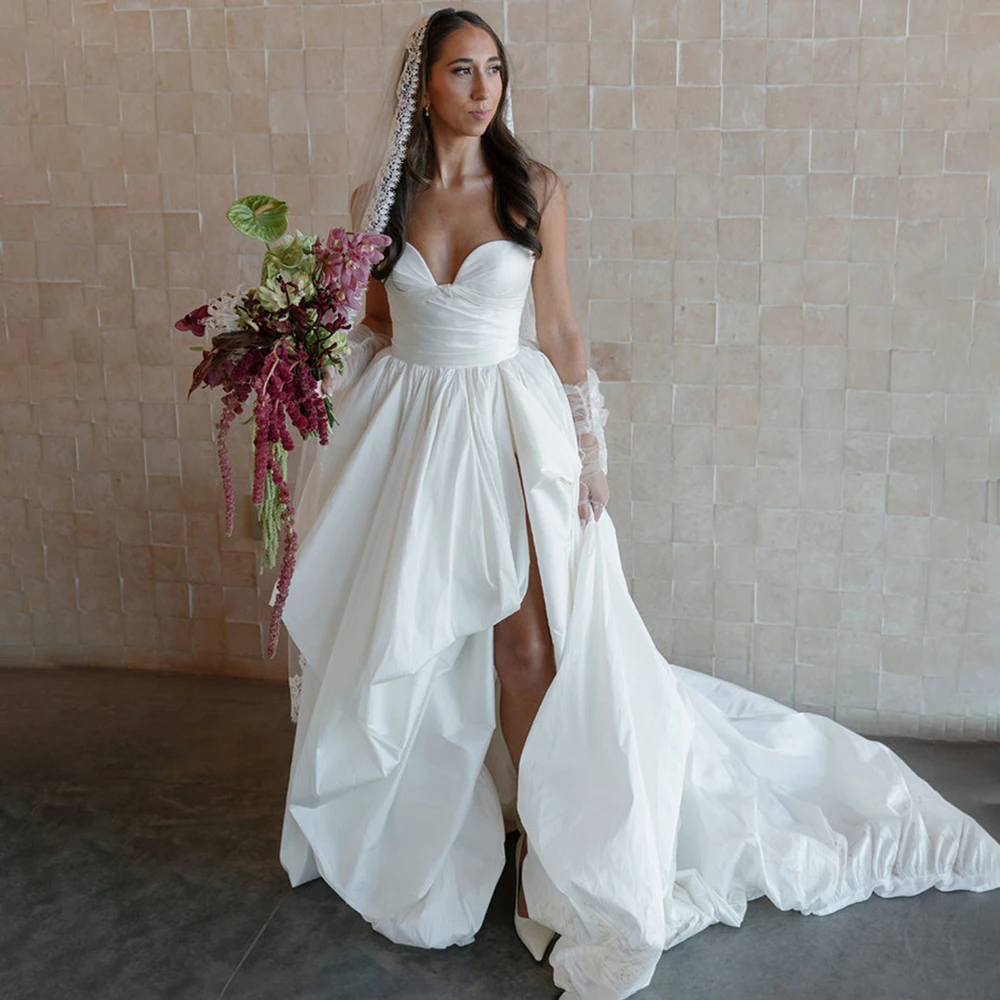 High Low Sexy Sweetheart Sleeveless Bridal Gowns Puff Bubble Skirt Strapless Customized Plus Size Ivory High Split Wedding Dress