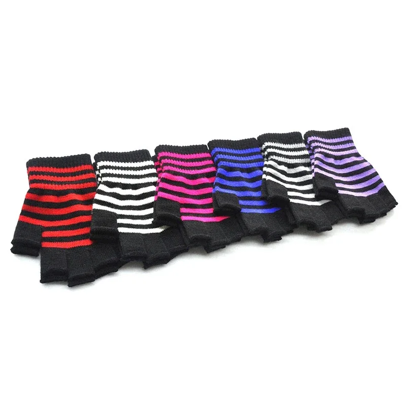 1Pair Black Red Stripe Half Finger Fingerless Gloves for Women Men Knit Wrist Winter Warm Outdoor Gothic Lolita Style Mittens