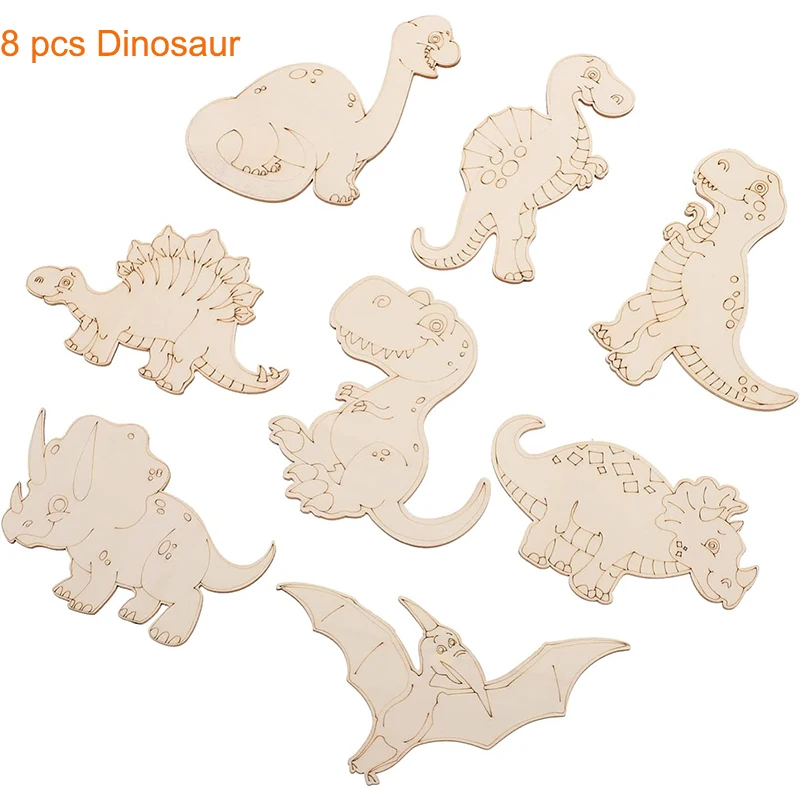 8 Pieces Unfinished Wooden Dinosaur Animal Laser Cut, DIY Craft Party Deco Art Deco Room Decor, Kindergarden Pre-school Drawing