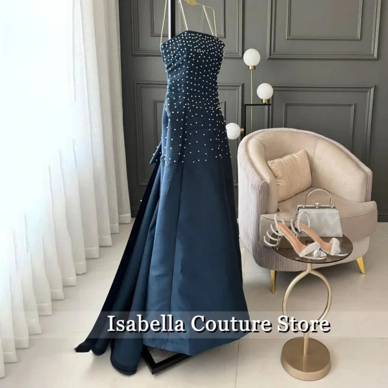 فستان سهرة أزرق ساحر من فيستدوس دي نوش بدون حمالات على شكل حرف a بدون أكمام مع فستان حفل بتفاصيل كريستالية مخصص #1