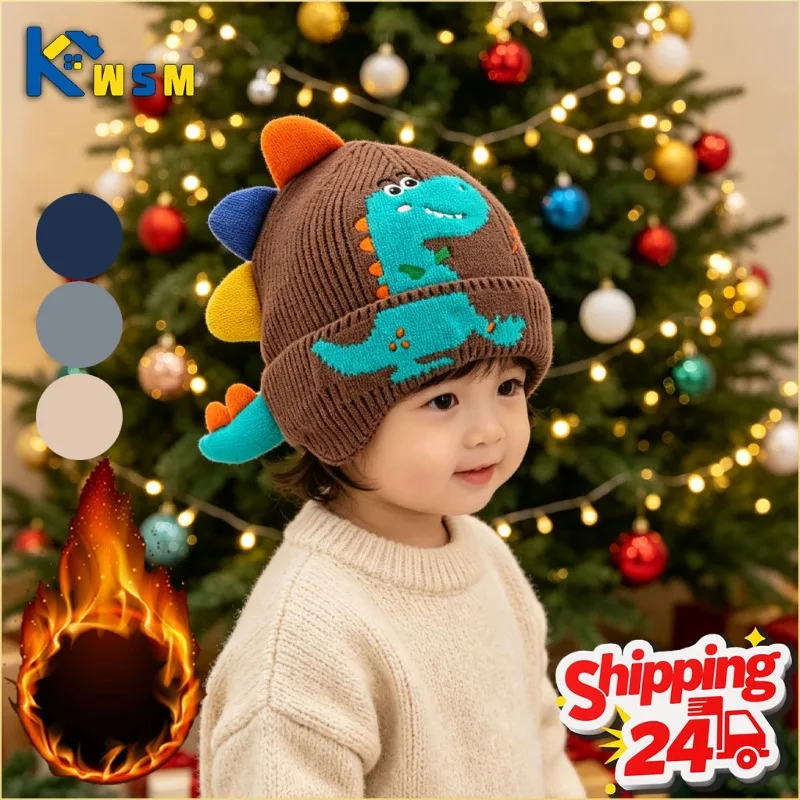 1-4PCS Cartoon Dinosaur Earflap Beanie Hat for Boys Girls Knitted Warm Fleece Lined Winter Cap for Outdoor Cold Weather