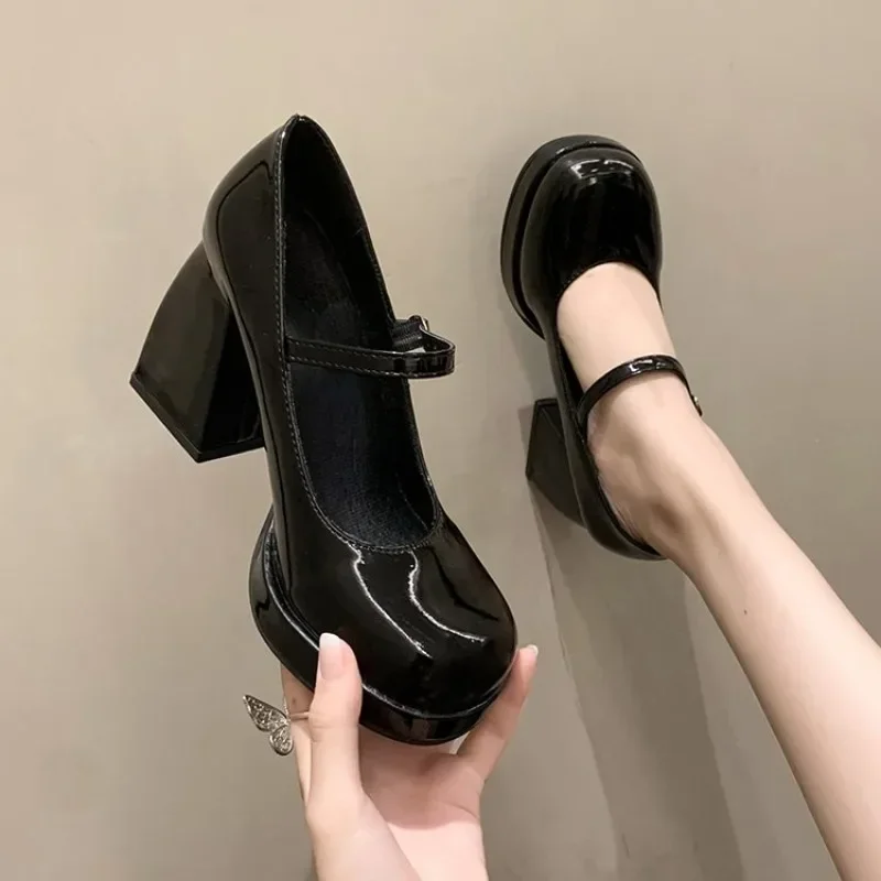 2026Black Thick  Mary Jane Shoes  Buckle Square Toe  Mid Heel Patent High Heels Women Sexy Banquet Pumps33-40