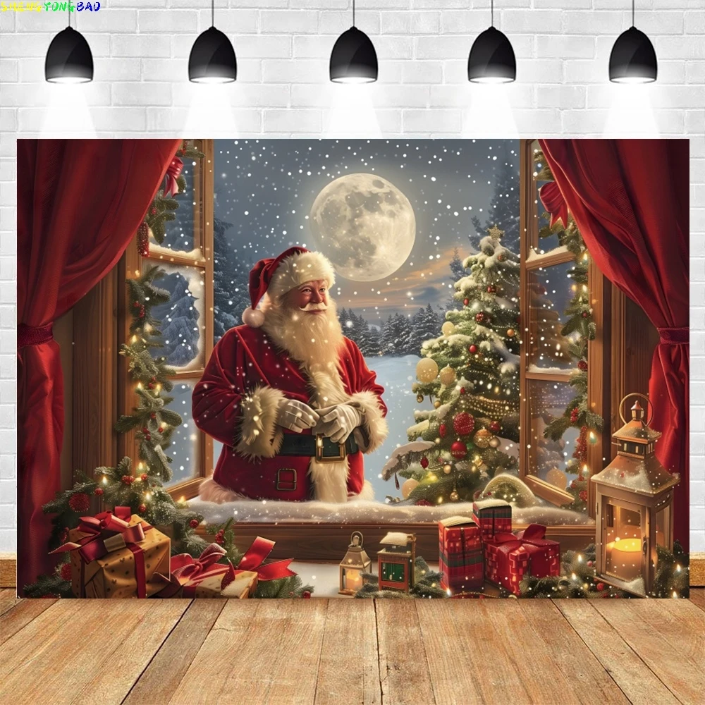 

Christmas Santa Claus Photography Backdrop Winter Night Window Red Curtains Bear Xmas Tree Background Kids Portrait Photo Props