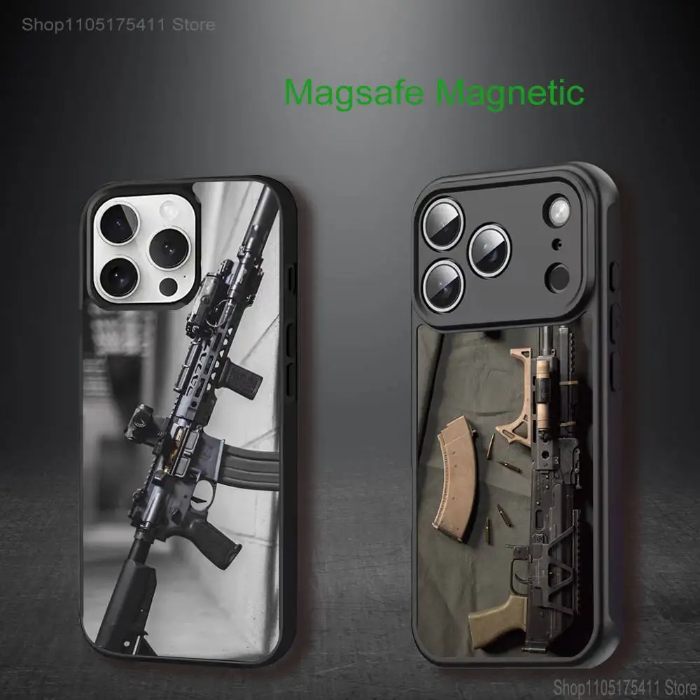 

AK47 Handgun Gun BUlletss Phone Case For iPhone 17,16,15,14,13,12,11,Pro,Max,Plus,Mini,SE4,E Magnetic Magsafe Wireless Charging