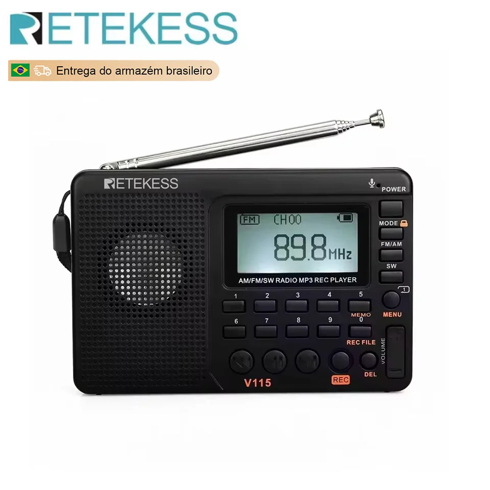 RETEKESS V115 Rádio Portátil Rádio Recarregável AM FM Receptor Multifuncional de Ondas Curtas Boa Qualidade de Som para Camping e Presentes