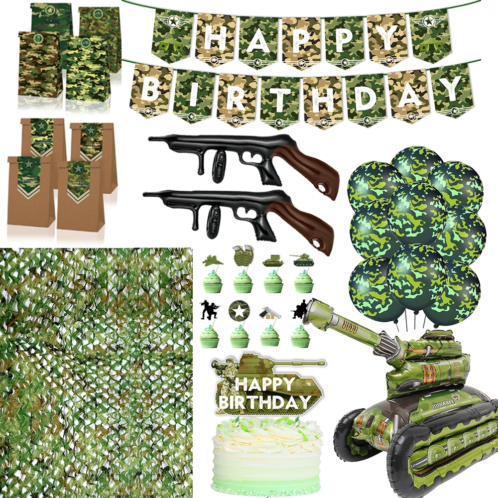 Army Military Party Camouflage Decorations Netting Camo Birthday Banner Foil Balloons Kids Boys Soldier Party Favor Toy Supplies