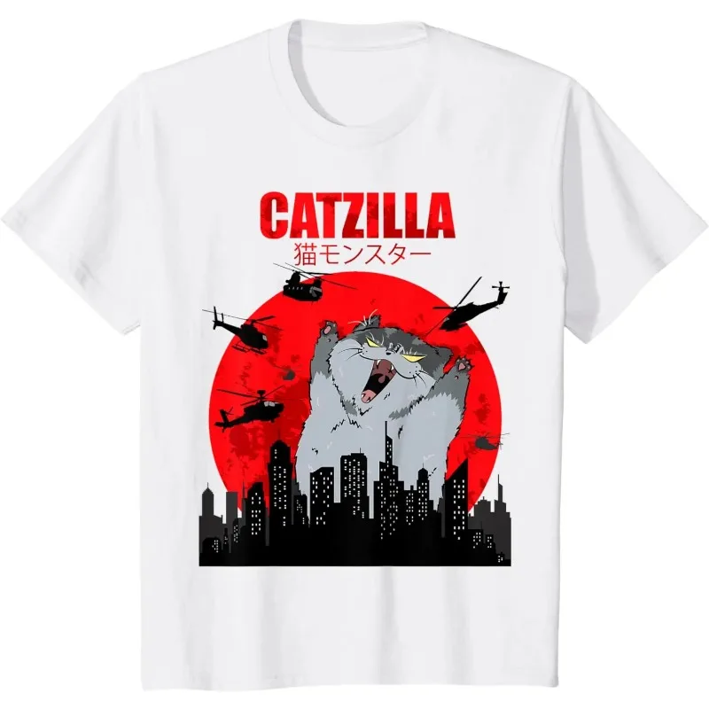 Lustiges und süßes Kunst-T-Shirt mit japanischem Katzenmuster, Katzenliebhaber, Catzilla-T-Shirt, bedrucktes Muster, Baumwoll-T-Shirt, Damenmode-T-Shirt