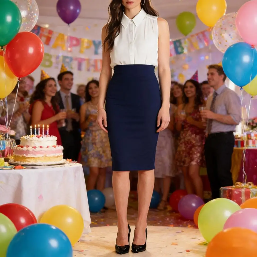 Women Party Skirts Hip Wrapped Skirt Pure Color High-Waisted Slimming Skirt Breathable Fabric Front Slit Design Office Lady Skir