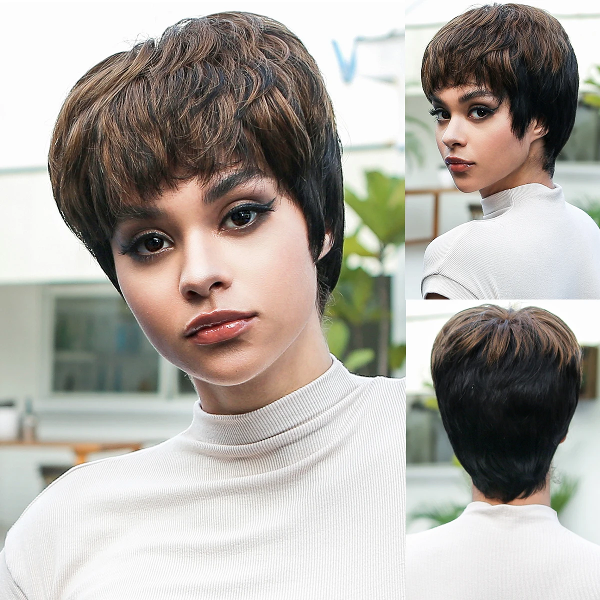 Short Human Hair Wigs Pixie Cut Straight Natural Black Remy Human Hair Wig with Bangs Mixed Brown Hair for Afro Women Brazilian