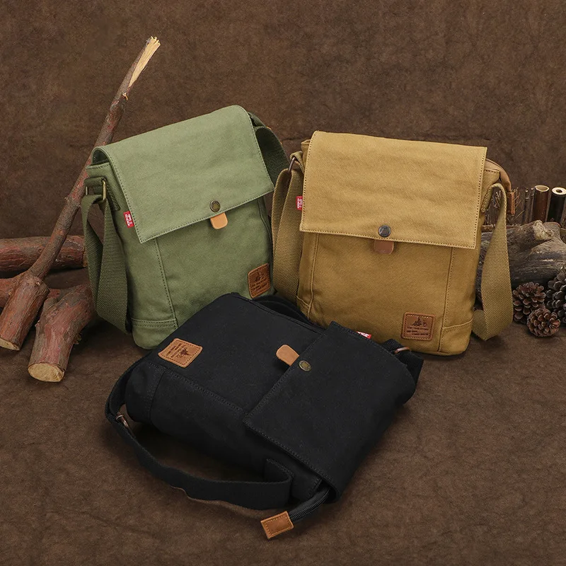Wear-resistant canvas men's single-shoulder bag with flap and buckle vertical square multi-pocket travel crossbody backpack
