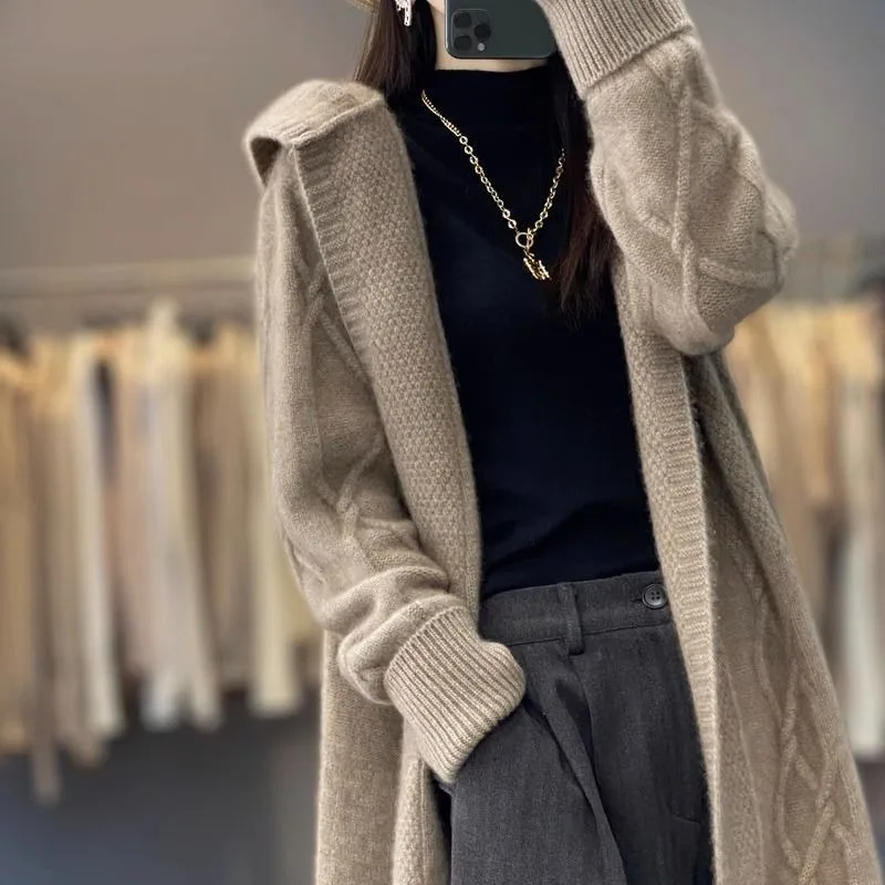 

Solid Color Cashmere Cardigan Women's Loose Hooded Sweater Wool Knitted Sweater Medium and Long Jacket Thickened